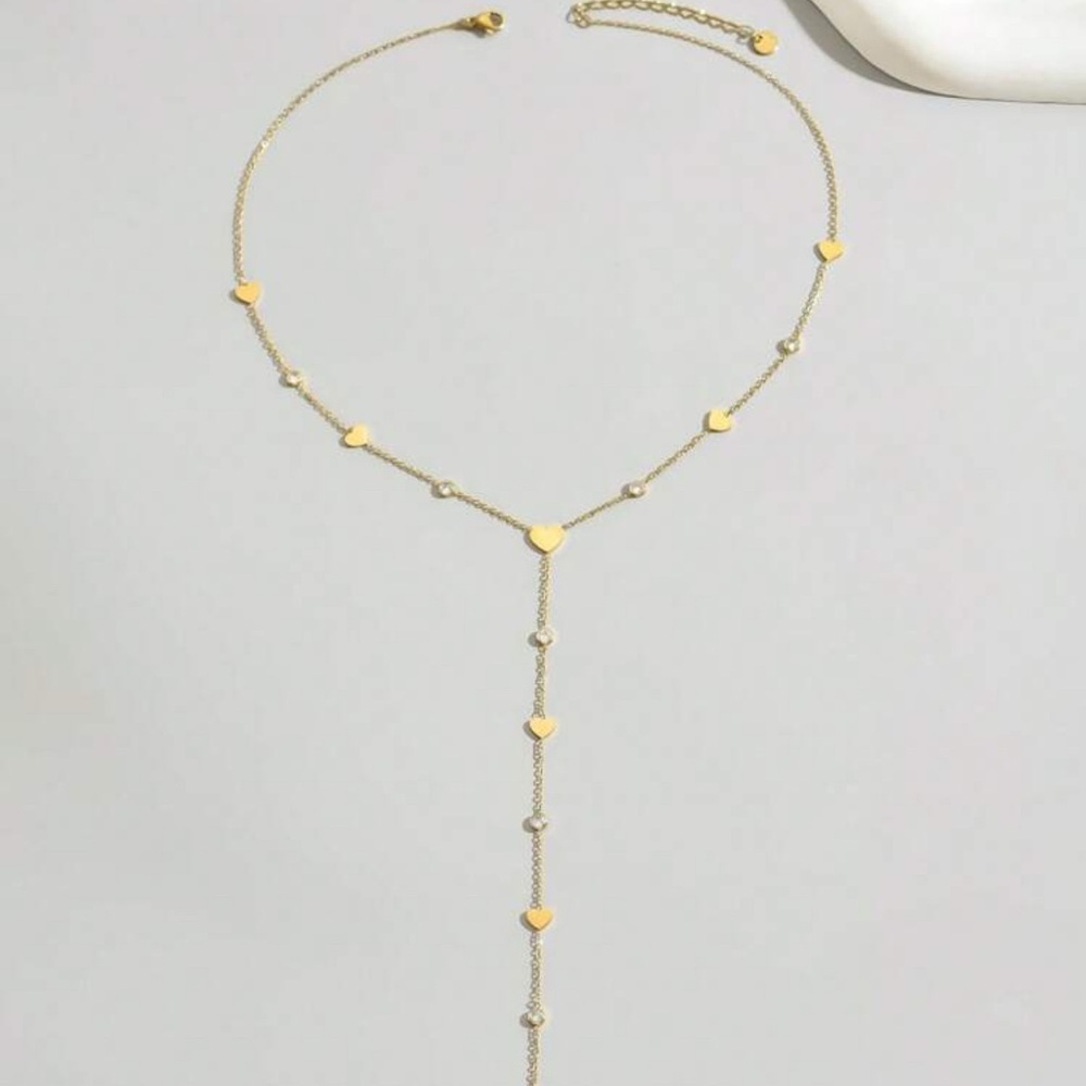 Gold Plated Stainless Steel Heart Pendant Rhinestone Latiat Necklace - Picture 3 of 3